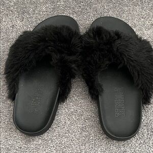 PINK Victoria's Secret Black Plush Slippers